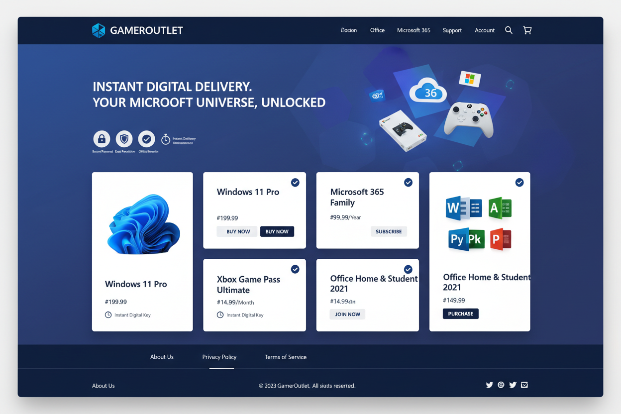 reate a clean and professional ecommerce theme for a brand named GamerOutlet. The store exclusively sells Microsoft products such as Windows licenses, Office packages, Xbox Game Pass, and Microsoft 365 subscriptions. Use a tech-focused corporate look with the primary color #071091 (navy blue) and white accents. Focus on high trust, authenticity, and instant delivery. Include sleek UI elements, modern icons, and strong security/legitimacy signals.